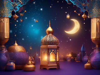 Wall Mural - Ramadan background design with moon, mosque, leant,