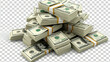 Money Pile of packs of hundred dollar bills stacks isolated on transparent background