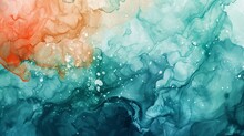 Abstract Watercolor Paint Background By Deep Teal Color Coral And Green With Liquid Fluid Texture For Backdrop.
