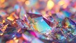An abstract 3D render of a faceted opal-like background with iridescent colors.