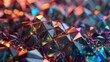 An abstract 3D render of a faceted opal-like background with iridescent colors.