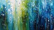 An abstract depiction of spring rain, with vertical streaks of various shades of blue and green, interspersed with sparkling silver drops