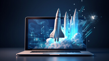 Wall Mural - abstract rocket takes off from the laptop screen. spaceship launch with smoke.
