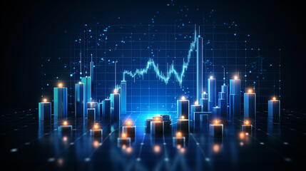 Wall Mural - abstract stock market candlesticks and world map on technology blue background. Low poly wireframe