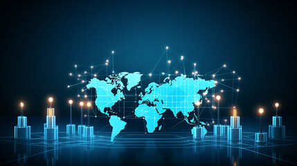 Wall Mural - abstract stock market candlesticks and world map on technology blue background. Low poly wireframe