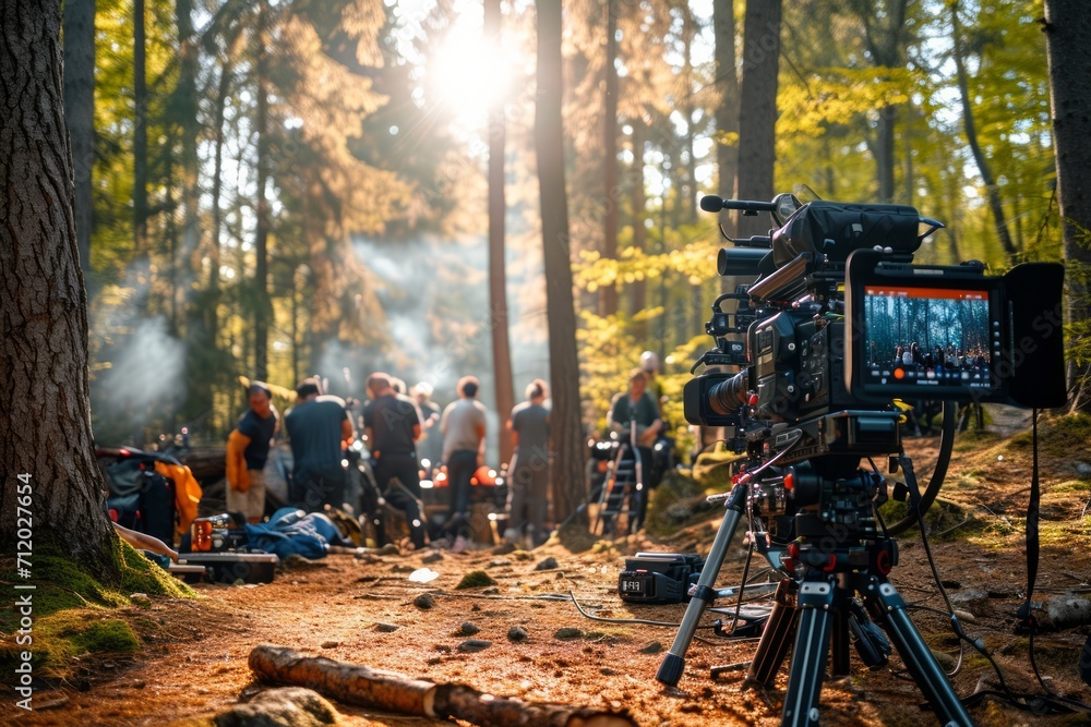Behind the scenes of a film set with crew and equipment in a forest ...