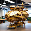 Hyper-realistic vintage mechanical model of a steampunk airship with complex mechanisms and sleek aerodynamics.