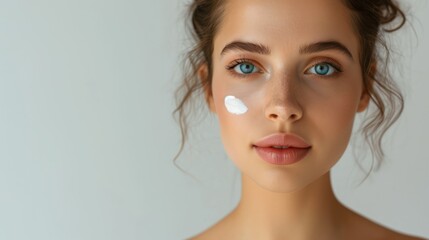 Wall Mural - Beauty portrait of young woman with cosmetic cream on her face.