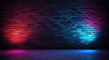 Dark Brick Wall Texture With Purple And Blue Neon Lights. Product Mockup, Retrowave Style. 3d Rendering,