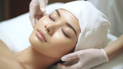 A Beauty expert massaging young woman's face Close up of beautiful Asian woman's head in white hat and doctor's hands in gloves lying on treatment bed.