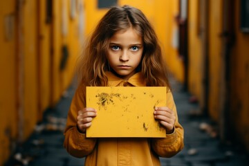 Wall Mural - young kid holding both hands on a placard yellow