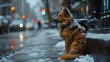 Adorable Dog On Snowy Christmas City Evening Street Festive Winter Holiday Background.