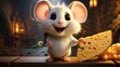 3d illustratoin of cute gray mouse standup with a piece cheese.