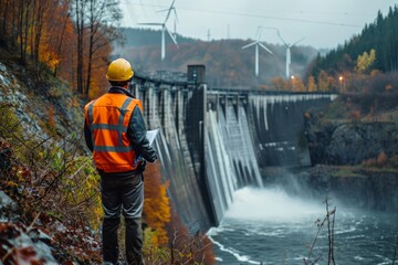 Wall Mural - An engineer in a reflective vest looking over a hydroelectric dam with wind turbines in the background.