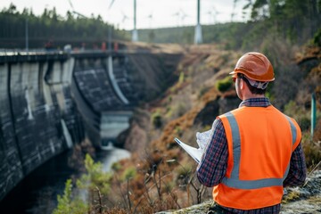 Wall Mural - An engineer in a reflective vest looking over a hydroelectric dam with wind turbines in the background.