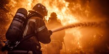 Firefighters In Action Battling A Fierce Blaze.