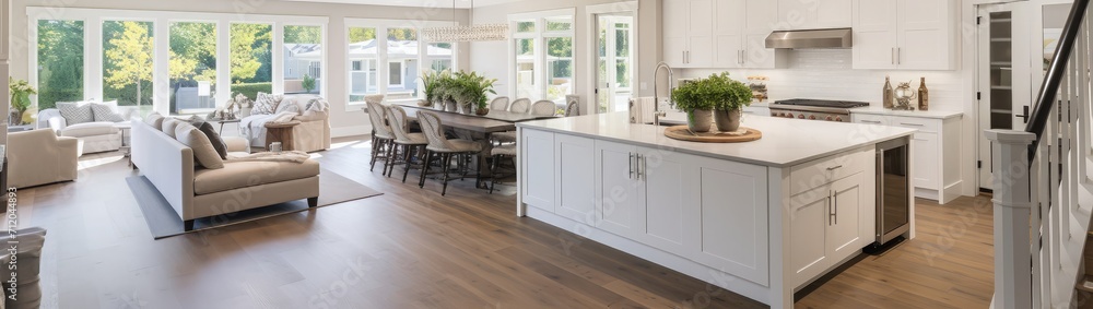 Kitchen and living room interior in new luxury home with open concept ...