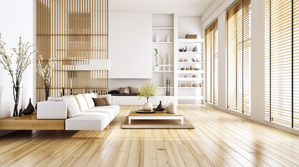 Sticker - a living room with wood flooring and white walls. Ai Generative