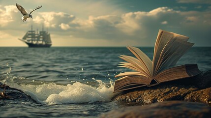 a book has a bird, a ship and ocean near it