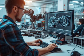 a mechanical engineer designs 3D engine with computer