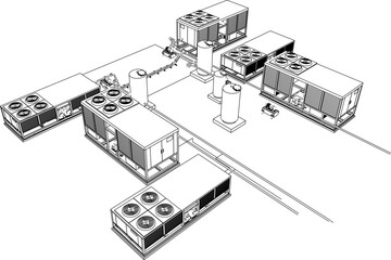 Vector sketch illustration of large factory chiller machine design