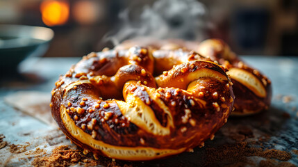 Wall Mural - Bavarian pretzels on a rustic wooden table.