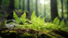 Asplenium Solopendrium Ferns Grow In The Wild Forest, Nature Photography, ESG, Copy Space, 16:9 