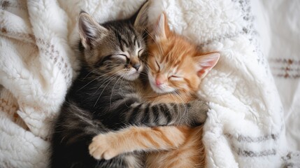 Lovely cat couple sleep together hug on white fluffy bed. Valentine's Day celebration concept.