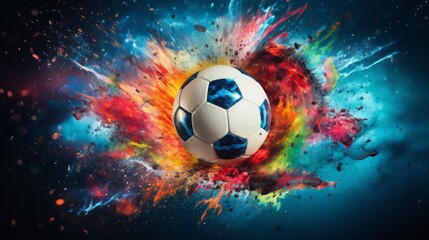 soccer ball bursting into colorful powder, 16:9