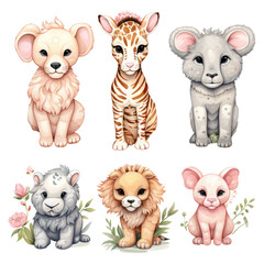 Wall Mural - sweet safari animals in a watercolor style, hand painted hand drawn watercolor clip art, soft pastel pink