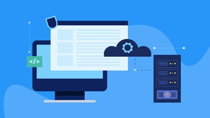 Wall Mural - software program running on secure cloud network storage and server hosting, conceptual cloud-based 