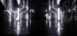 Fototapeta Przestrzenne - Sci Fi Futuristic Sci Fi Metal Panels Alien Spaceship Underground Garage Hangar Room Corridor Cyber White Neon Laser Lights 3D Rendering