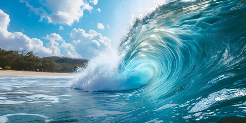 Canvas Print - Blue ocean wave on the beach at sunrise.
