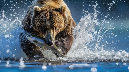 Wall Mural - A grizzly bear with a salmon in his mouth.