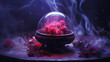 A mystical scene featuring red roses under a glass dome surrounded by dramatic smoke on a dark background.