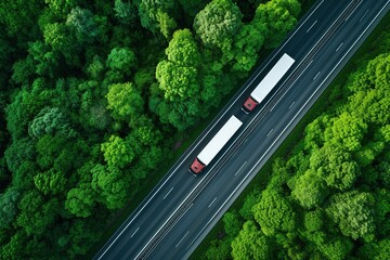 Wall Mural - Top view of truck driving on highway road in green forest.
