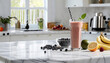 © Loliruri - Delicious fresh smoothie and ingredients on white marble table in kitchen with space for text