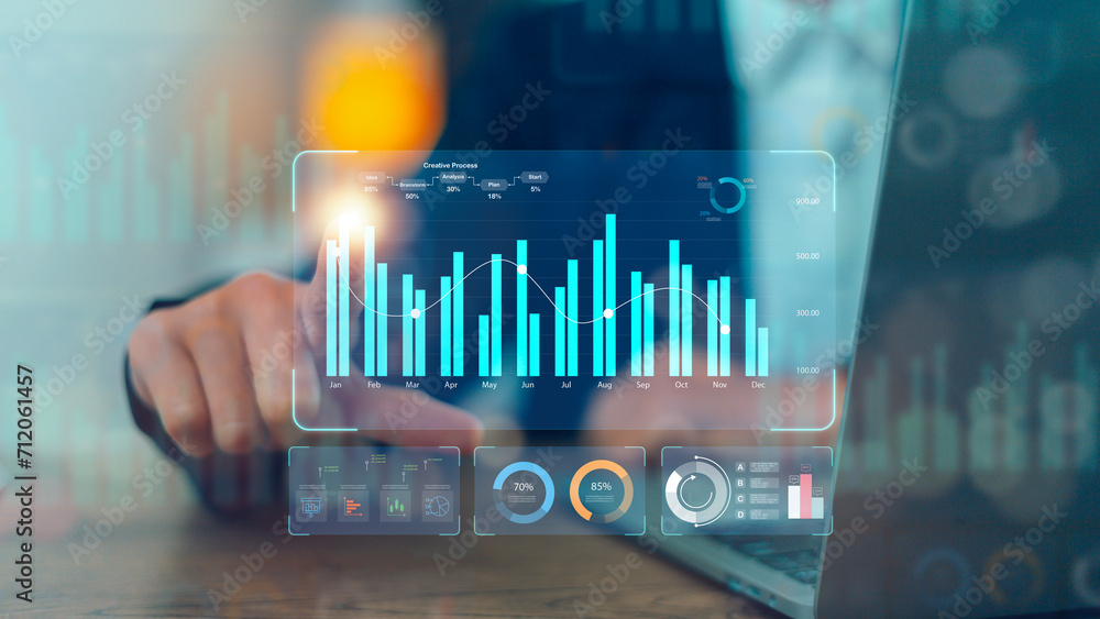 Data analyst working on business analytics dashboard with charts ...