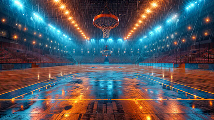 Wall Mural - Empty basketball court in the rays of light with a stadium and a hoop for playing basketball