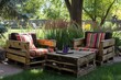 Outdoor chairs and table made from euro pallets.