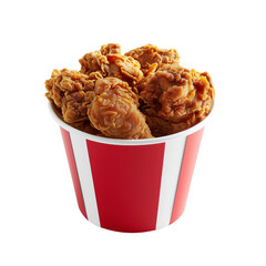 golden fried chicken in a red and white bucket, on transparent background