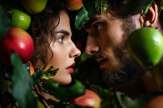 Adam and Eve with a tempting fruit. The concept embodies temptation and choice.