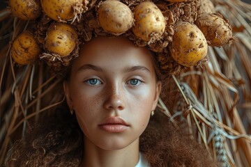 Wall Mural - Girl with growing potatoes in her ears.