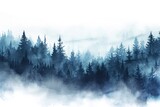 Fototapeta Natura - Watercolor foggy forest landscape illustration.