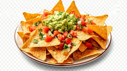 Wall Mural - Plate of freshly made spicy nachos with guacamole isolated on transparent background