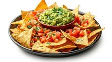 Plate Of Freshly Made Spicy Nachos With Guacamole Isolated On Transparent Background