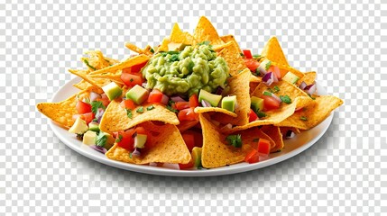 Wall Mural - Plate of freshly made spicy nachos with guacamole isolated on transparent background