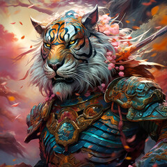 Poster - A tiger as a chinese chivalrous warrior fighting