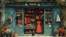 Devanture De Boutique Vintage Avec Des Sacs Et Robes, Retro.