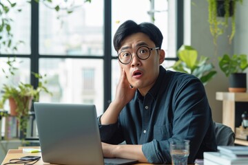 Poster - Asian freelance man sitting and working with laptop Showing a confused and troubled expression sit at the table with computer macbook